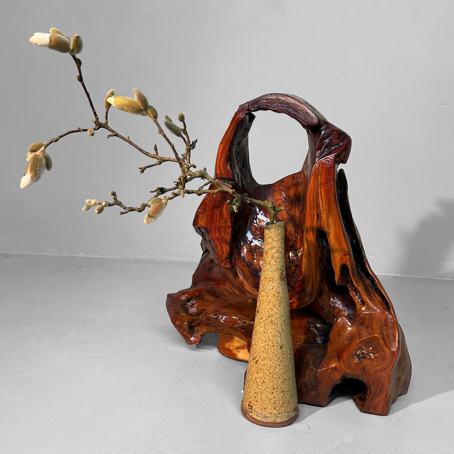 Antique Japanese Burlwood Ikebana Stand - Natural Tsuge Root Art, 1920s
