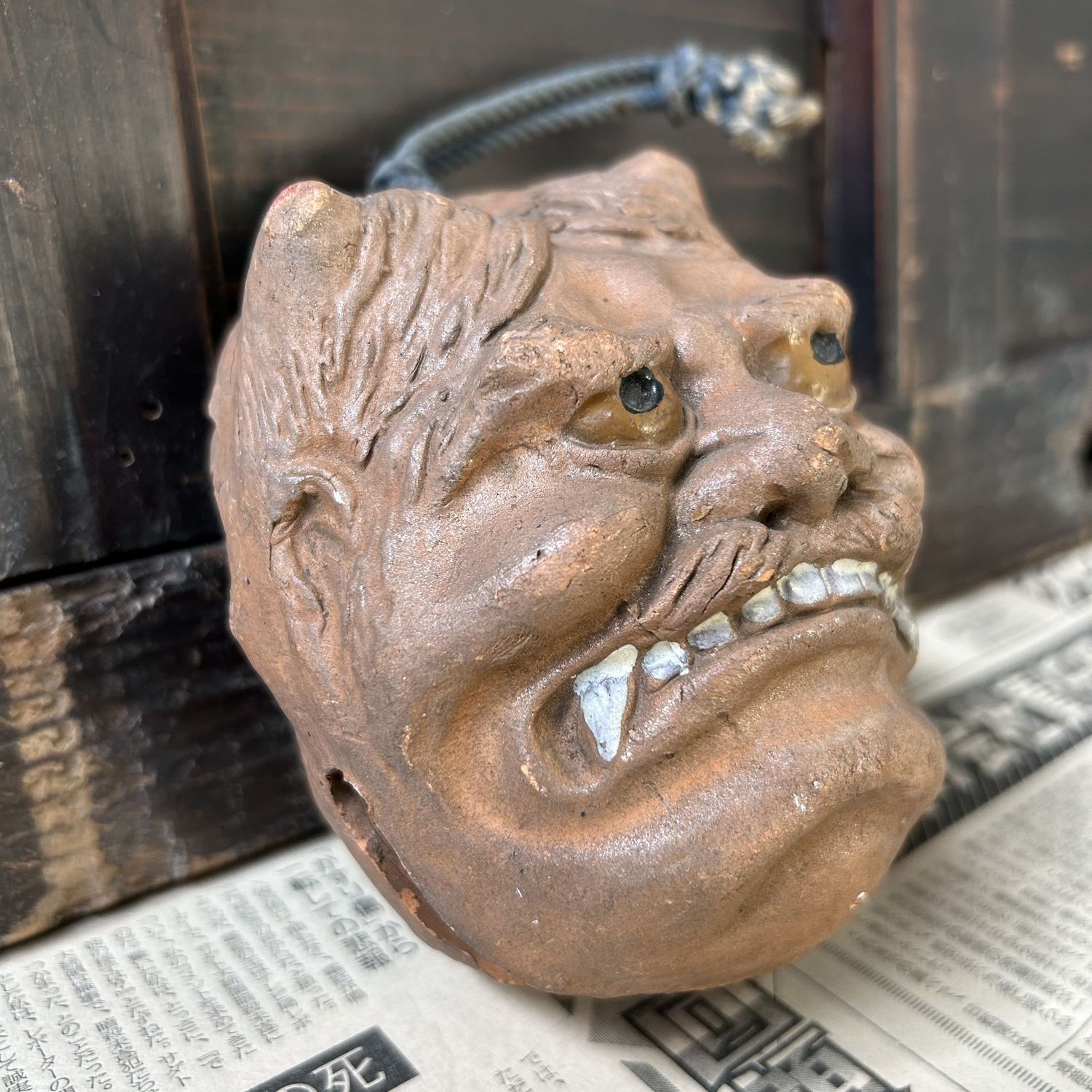 Antique Japanese Oni Dorei Bell with Dual Faces, 1920s.