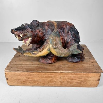 Hand-Carved Wooden Bear, Exquisite Ainu Woodcraft from Japan, 1950s.