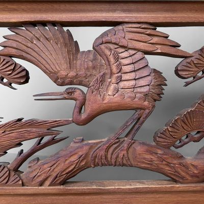 Antique Japanese Room Divider, Hand-Carved Ranma Screen with Cranes, 1920s.