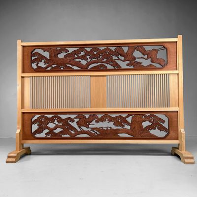 Antique Japanese Room Divider, Hand-Carved Ranma Screen with Cranes, 1920s.