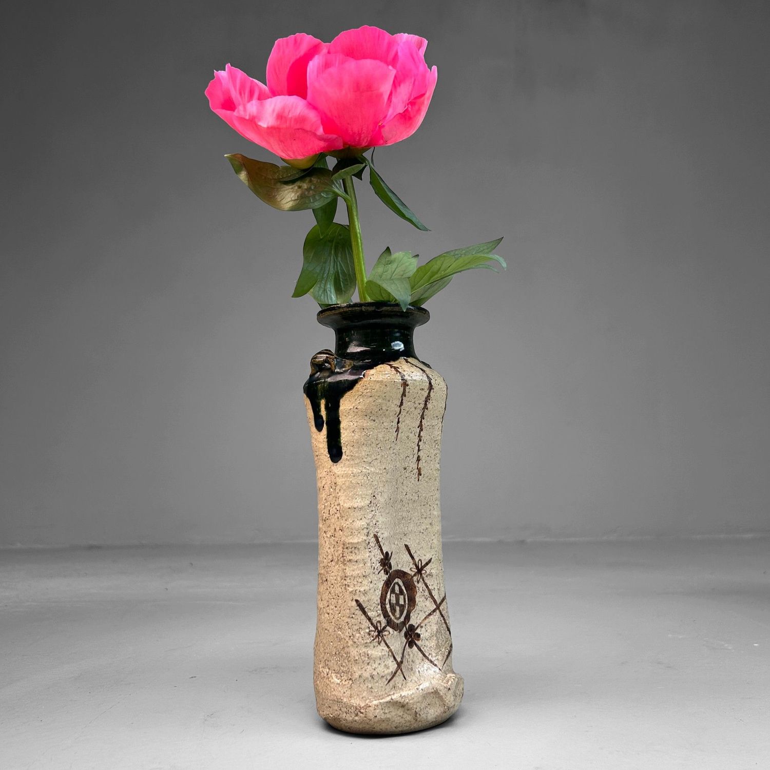 Mid-Century Oribe-yaki Ikebana Vase, Japan.