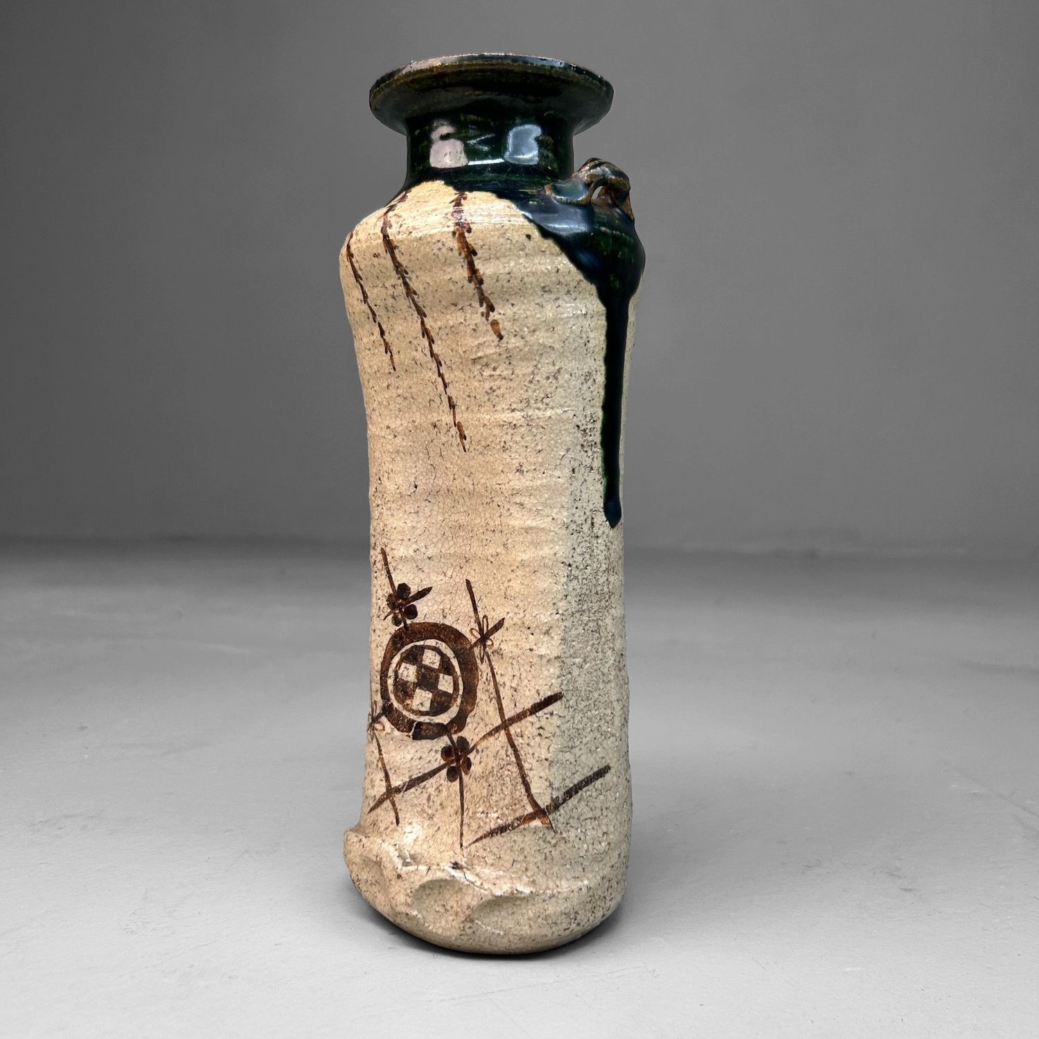 Mid-Century Oribe-yaki Ikebana Vase, Japan.