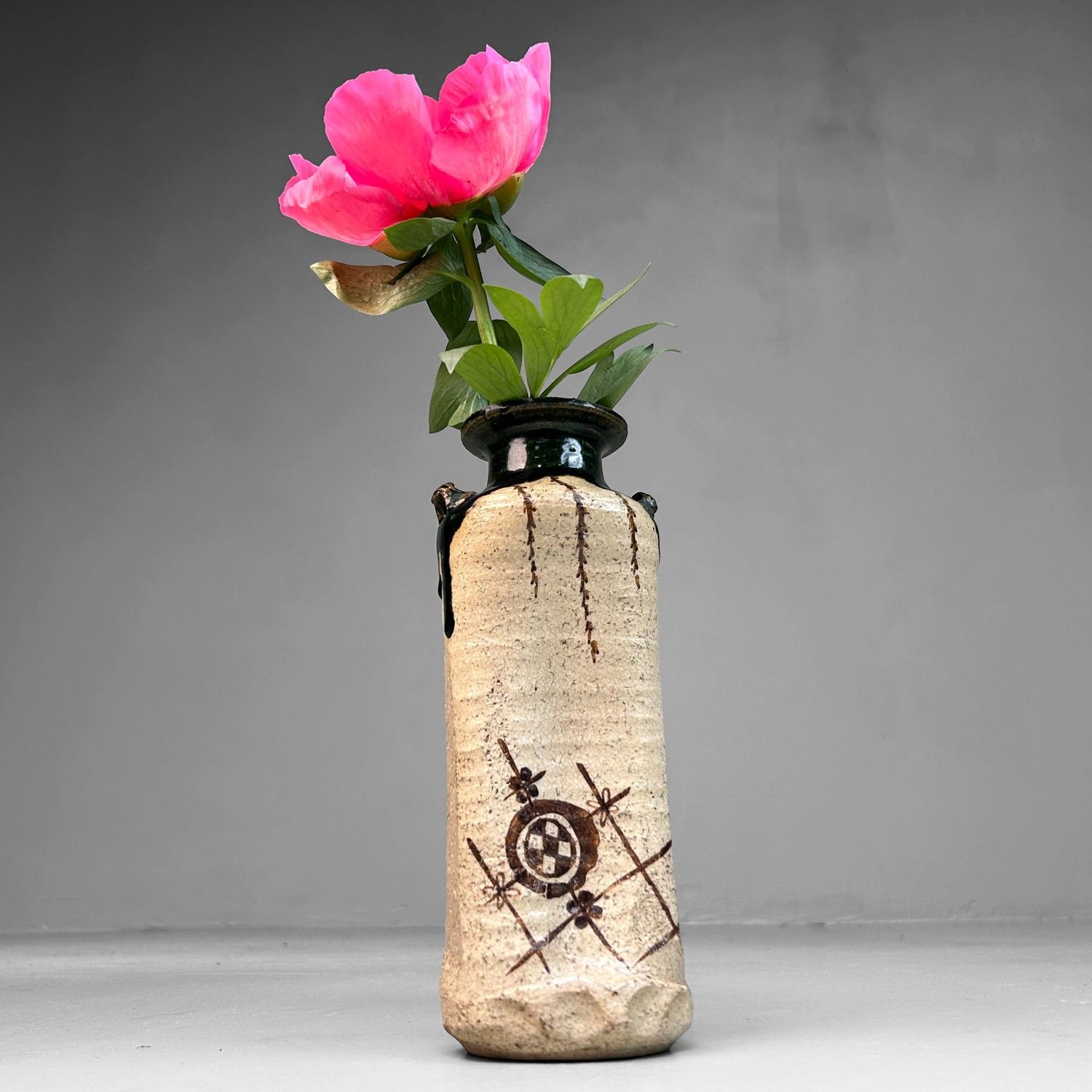 Mid-Century Oribe-yaki Ikebana Vase, Japan.