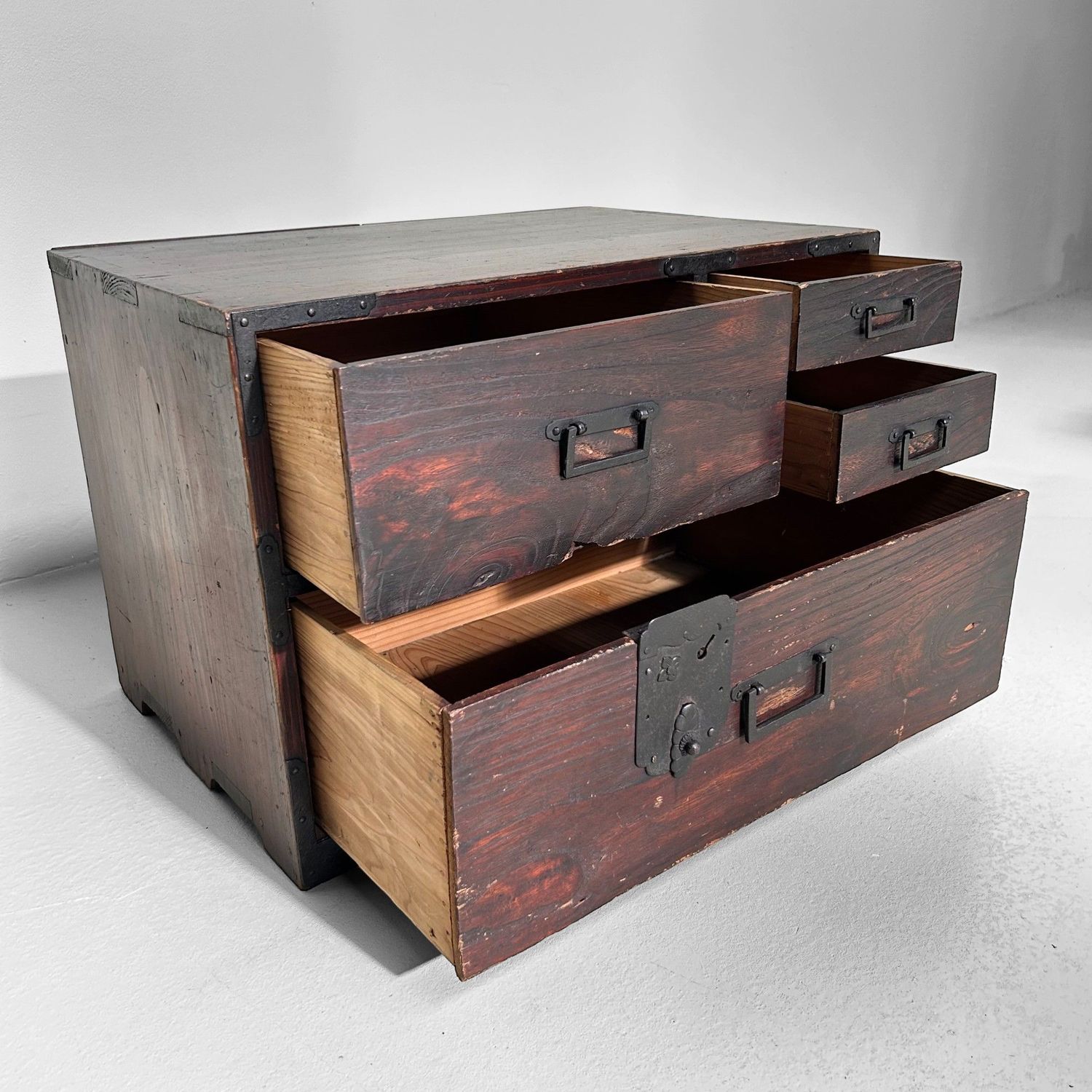 Meiji Era Minimalist Display Cabinet with Drawers, Japanese Tansu Storage Piece