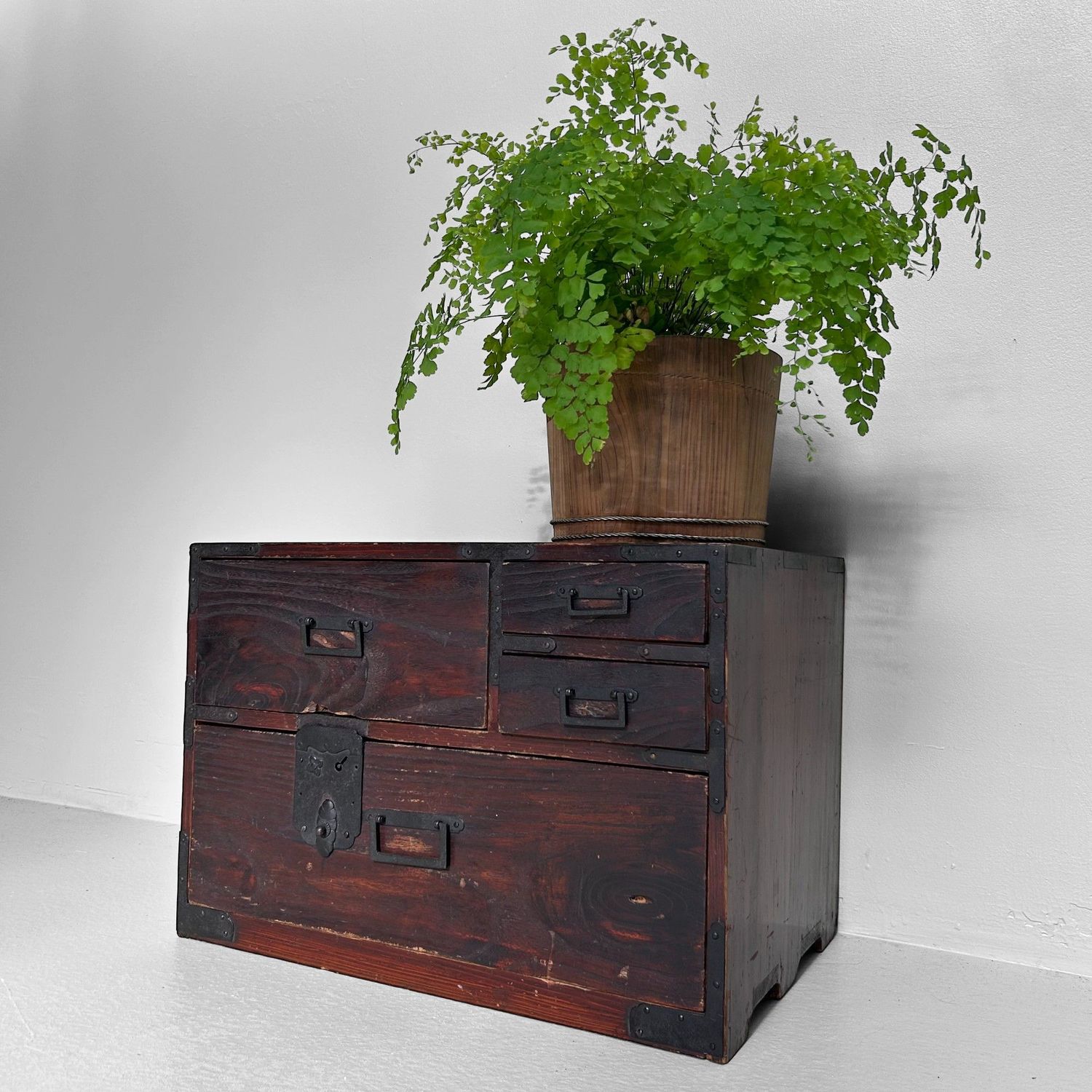Meiji Era Minimalist Display Cabinet with Drawers, Japanese Tansu Storage Piece