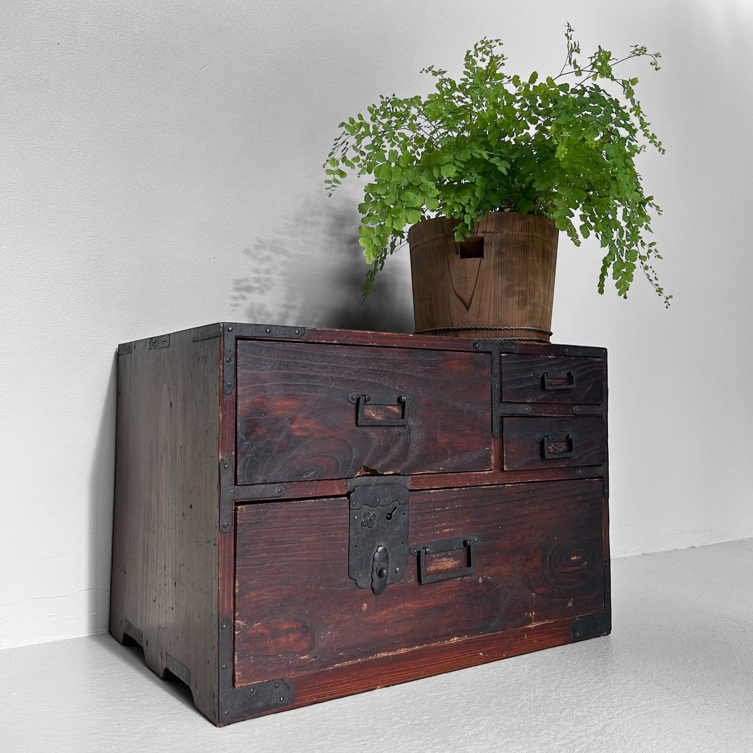 Meiji Era Minimalist Display Cabinet with Drawers, Japanese Tansu Storage Piece