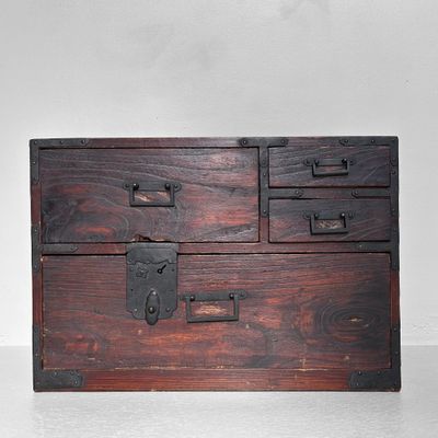Meiji Era Minimalist Display Cabinet with Drawers, Japanese Tansu Storage Piece