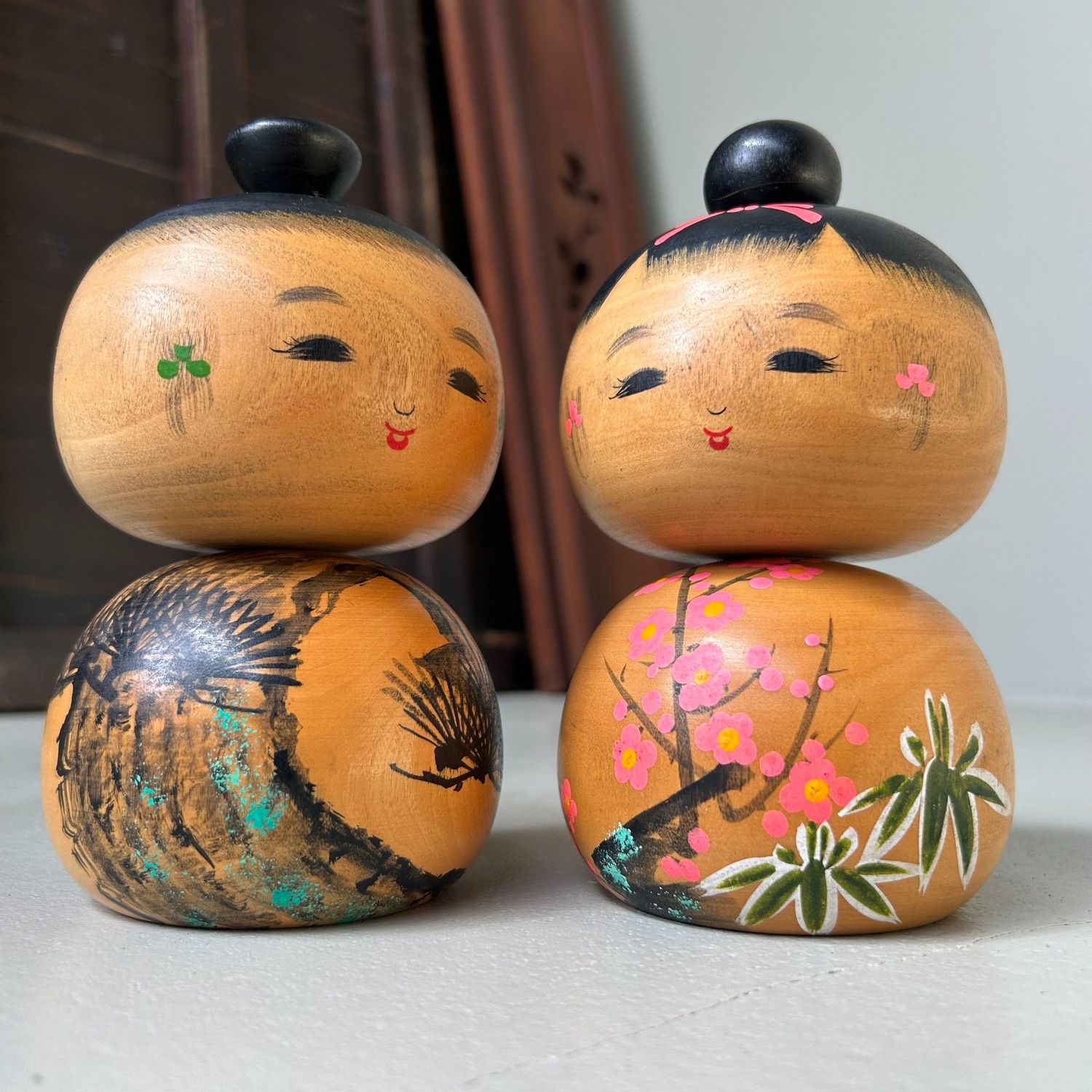 Rare Pair of Creative Kokeshi “Sho Chiku Bai” by Sato Kouson. Rare Pair of Creative Kokeshi “Sho Chiku Bai” by Sato Kouson.