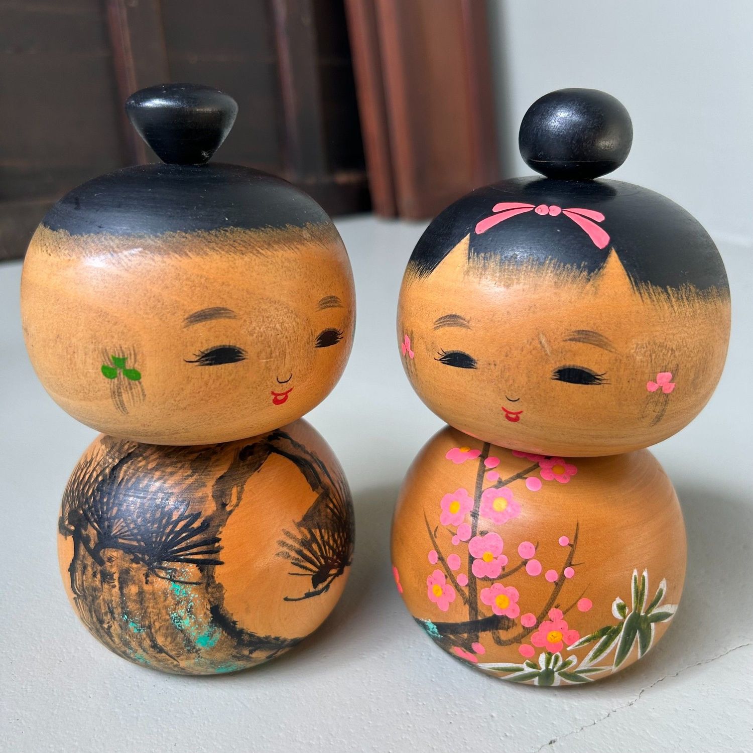 Rare Pair of Creative Kokeshi “Sho Chiku Bai” by Sato Kouson. Rare Pair of Creative Kokeshi “Sho Chiku Bai” by Sato Kouson.