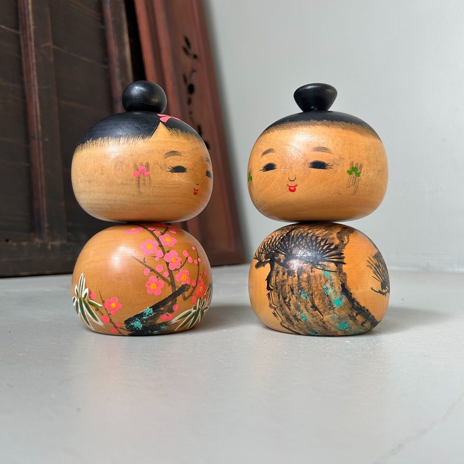 Rare Pair of Creative Kokeshi “Sho Chiku Bai” by Sato Kouson. Rare Pair of Creative Kokeshi “Sho Chiku Bai” by Sato Kouson.
