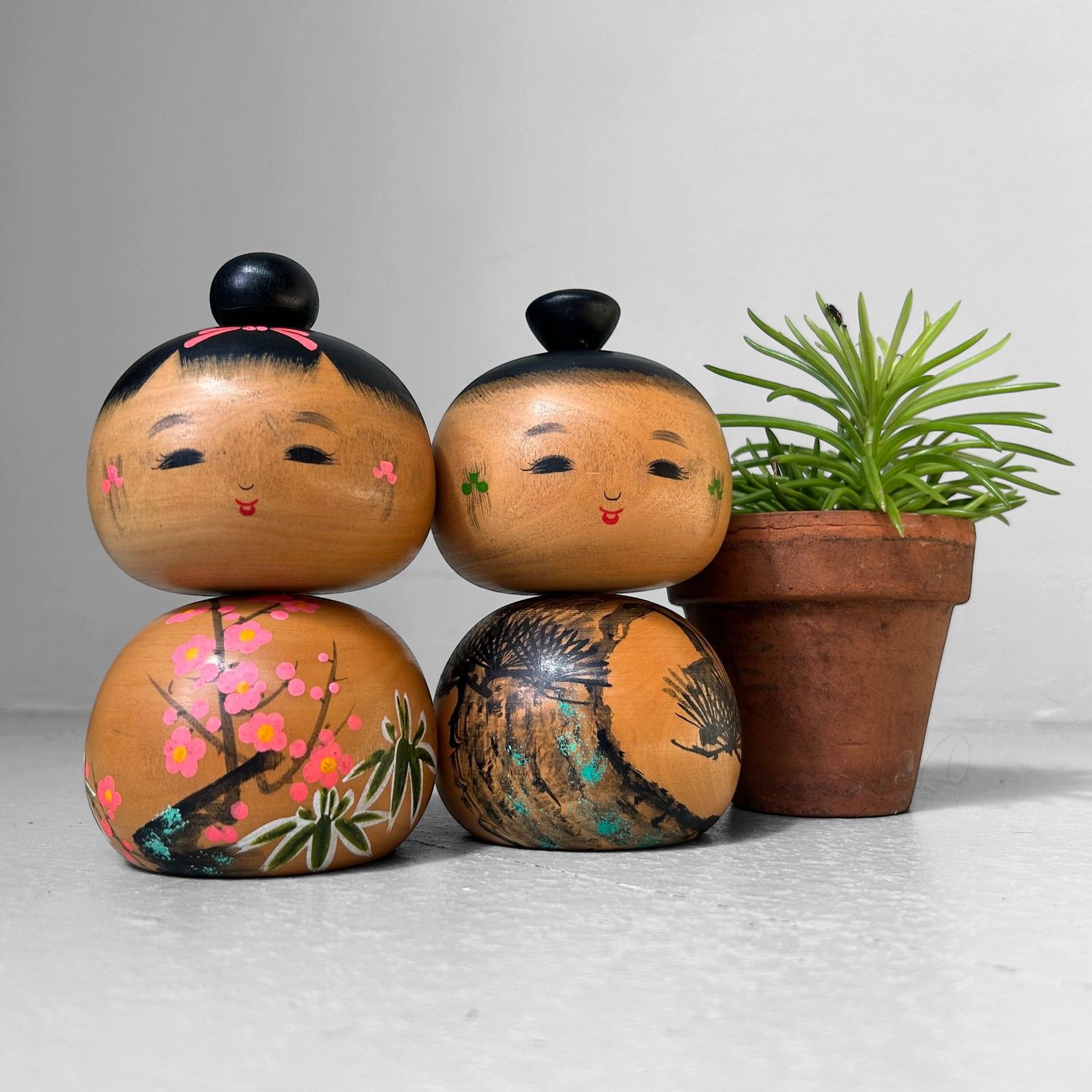 Rare Pair of Creative Kokeshi “Sho Chiku Bai” by Sato Kouson. Rare Pair of Creative Kokeshi “Sho Chiku Bai” by Sato Kouson.