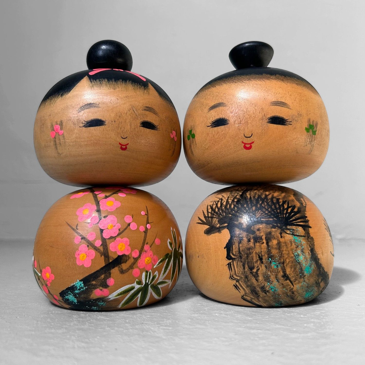 Rare Pair of Creative Kokeshi “Sho Chiku Bai” by Sato Kouson. Rare Pair of Creative Kokeshi “Sho Chiku Bai” by Sato Kouson.