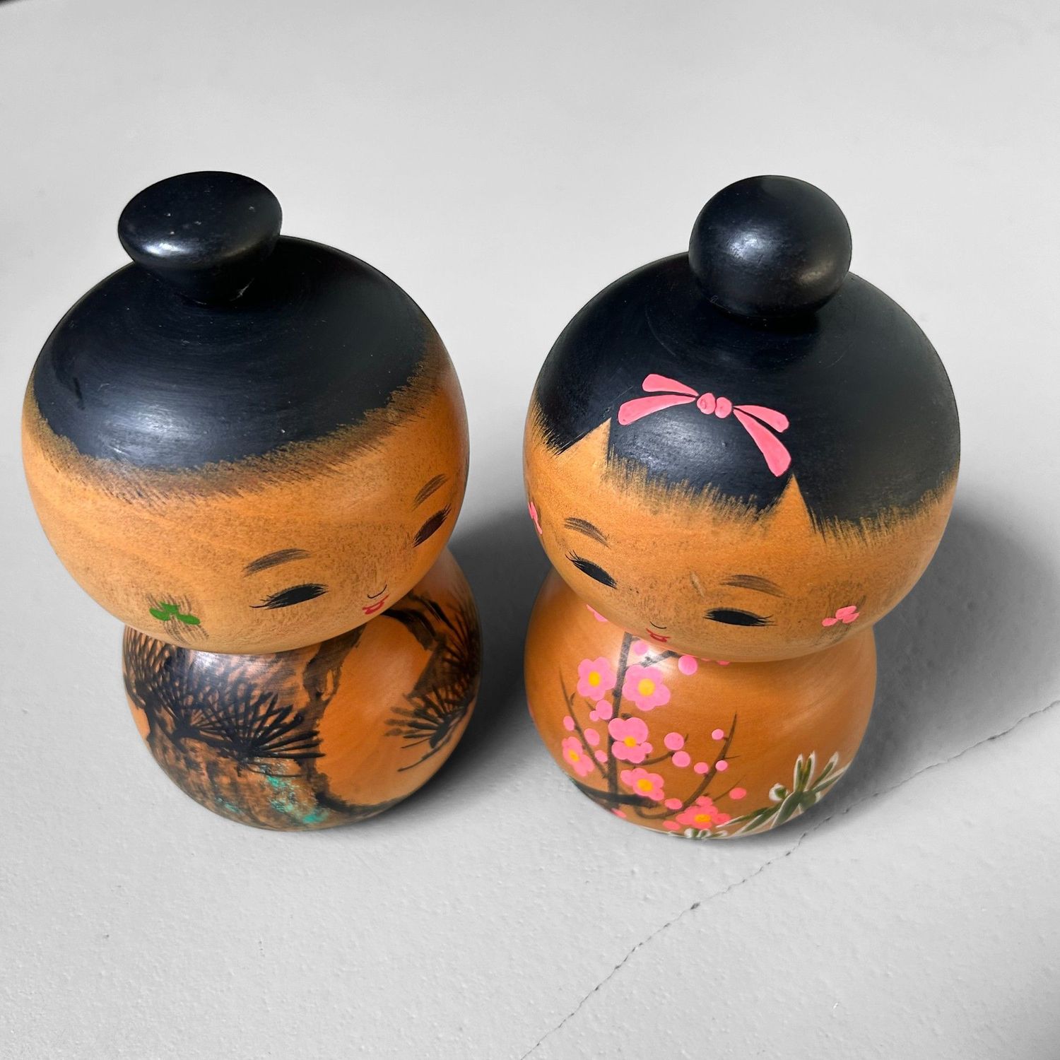 Rare Pair of Creative Kokeshi “Sho Chiku Bai” by Sato Kouson. Rare Pair of Creative Kokeshi “Sho Chiku Bai” by Sato Kouson.