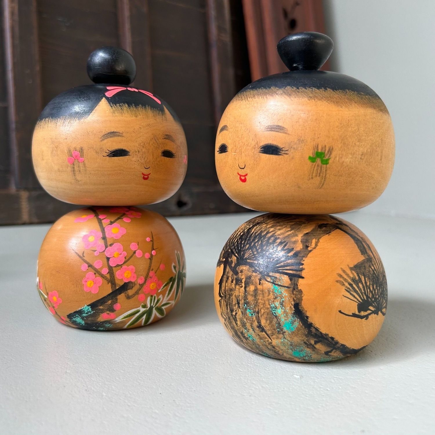 Rare Pair of Creative Kokeshi “Sho Chiku Bai” by Sato Kouson. Rare Pair of Creative Kokeshi “Sho Chiku Bai” by Sato Kouson.