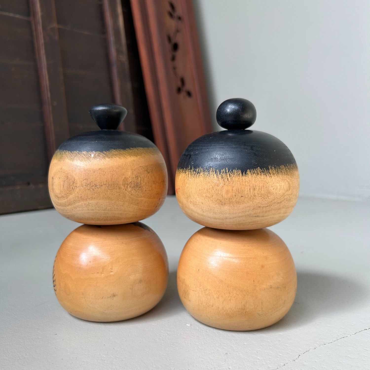 Rare Pair of Creative Kokeshi “Sho Chiku Bai” by Sato Kouson. Rare Pair of Creative Kokeshi “Sho Chiku Bai” by Sato Kouson.