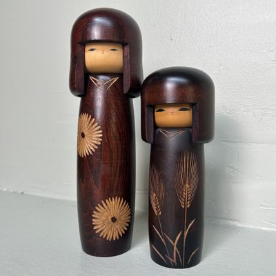 Set of Two Elegant Vintage Kokeshi by Usaburo, 1980s.