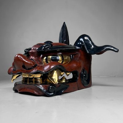 Antiek Houten Japans Shishi-masker, Leeuwendans, Taishō periode.