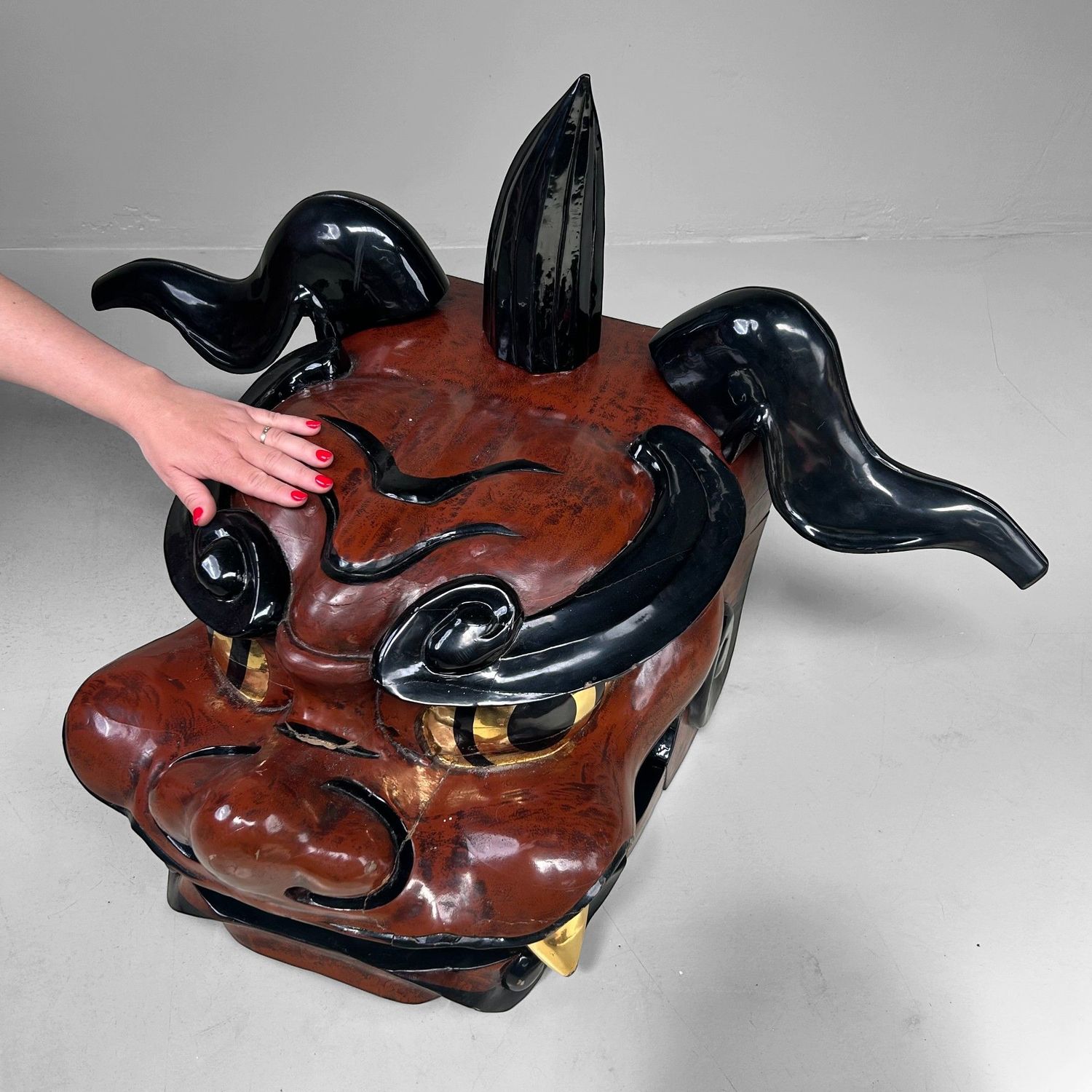 Antiek Houten Japans Shishi-masker, Leeuwendans, Taishō periode.