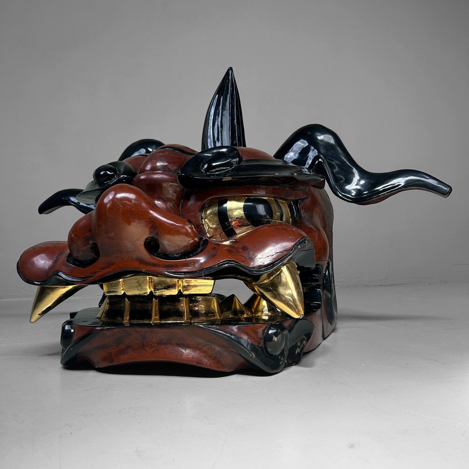 Antiek Houten Japans Shishi-masker, Leeuwendans, Taishō periode.