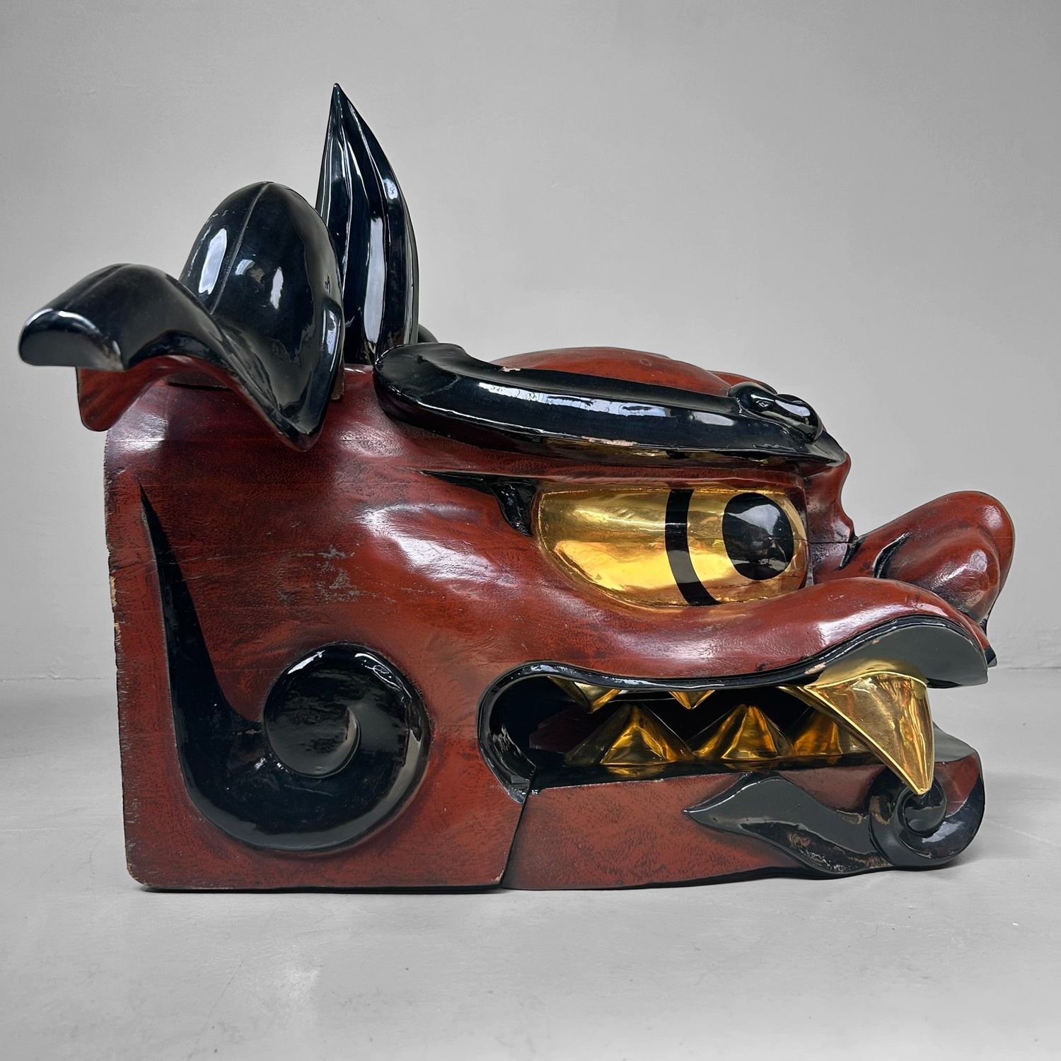 Antiek Houten Japans Shishi-masker, Leeuwendans, Taishō periode.