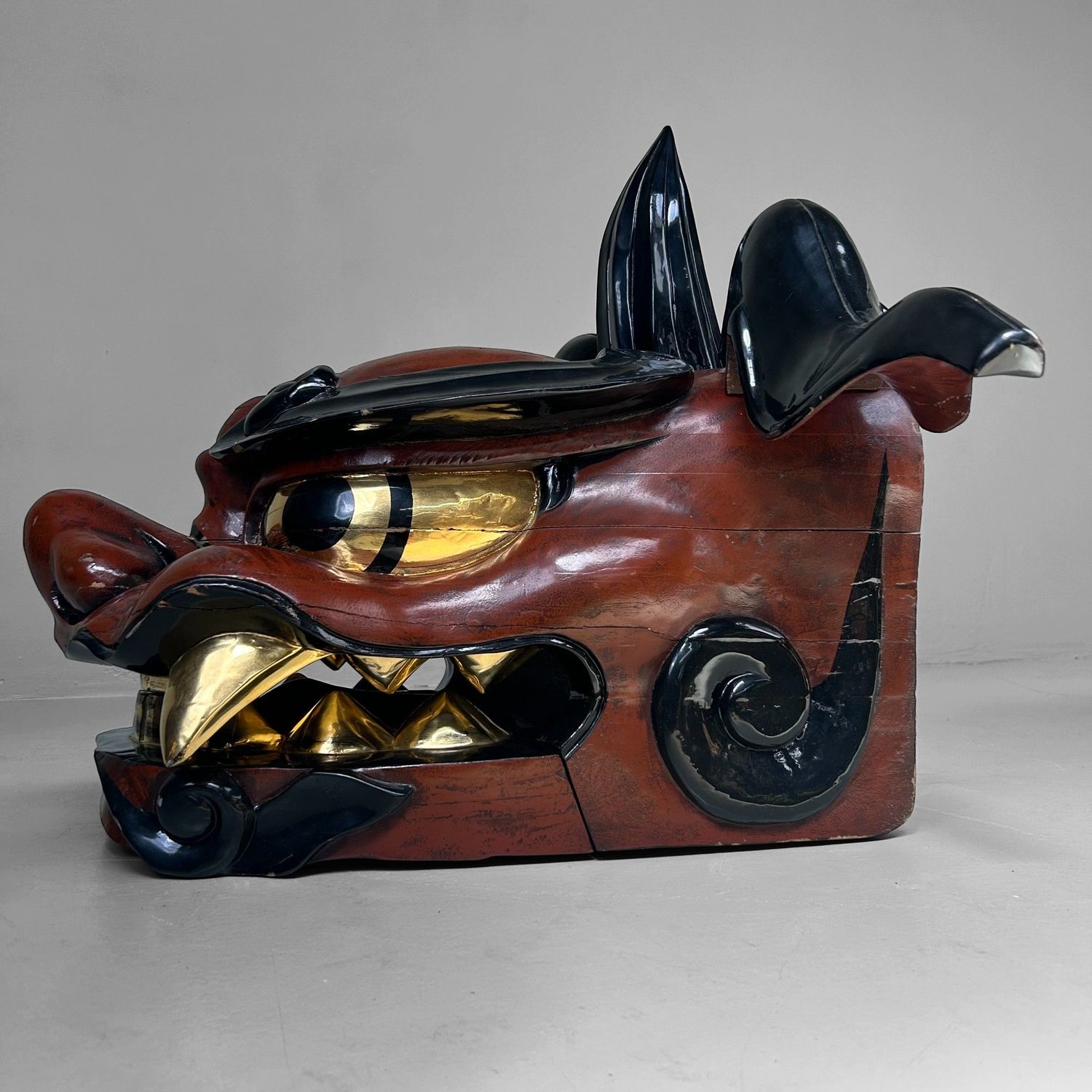 Antiek Houten Japans Shishi-masker, Leeuwendans, Taishō periode.