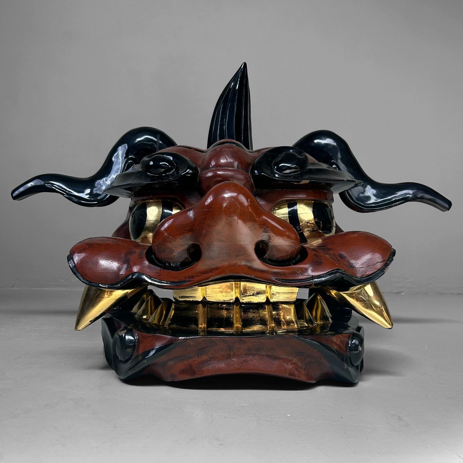 Antiek Houten Japans Shishi-masker, Leeuwendans, Taishō periode.