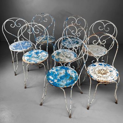 ​Franse Vintage Tuinset – Jaren ’50/’60 – 8 Stoelen + Tafel + Bijzettafel