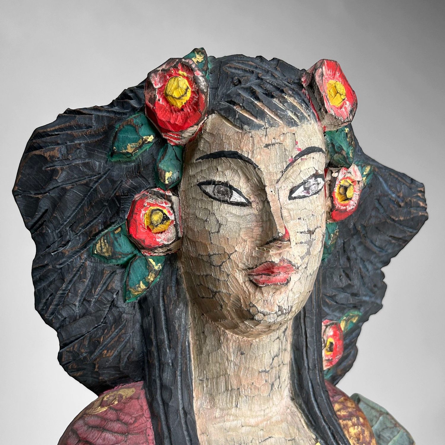 Colorful Exotic Wooden Figure, 1950s – Polychrome Serenity