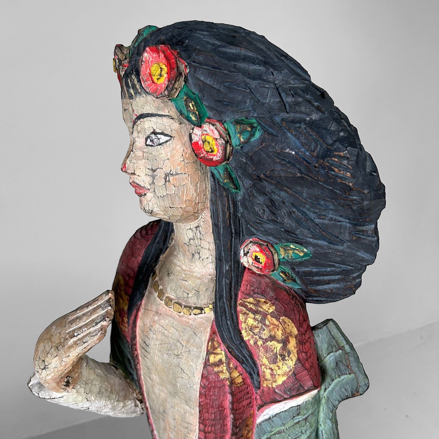 Colorful Exotic Wooden Figure, 1950s – Polychrome Serenity