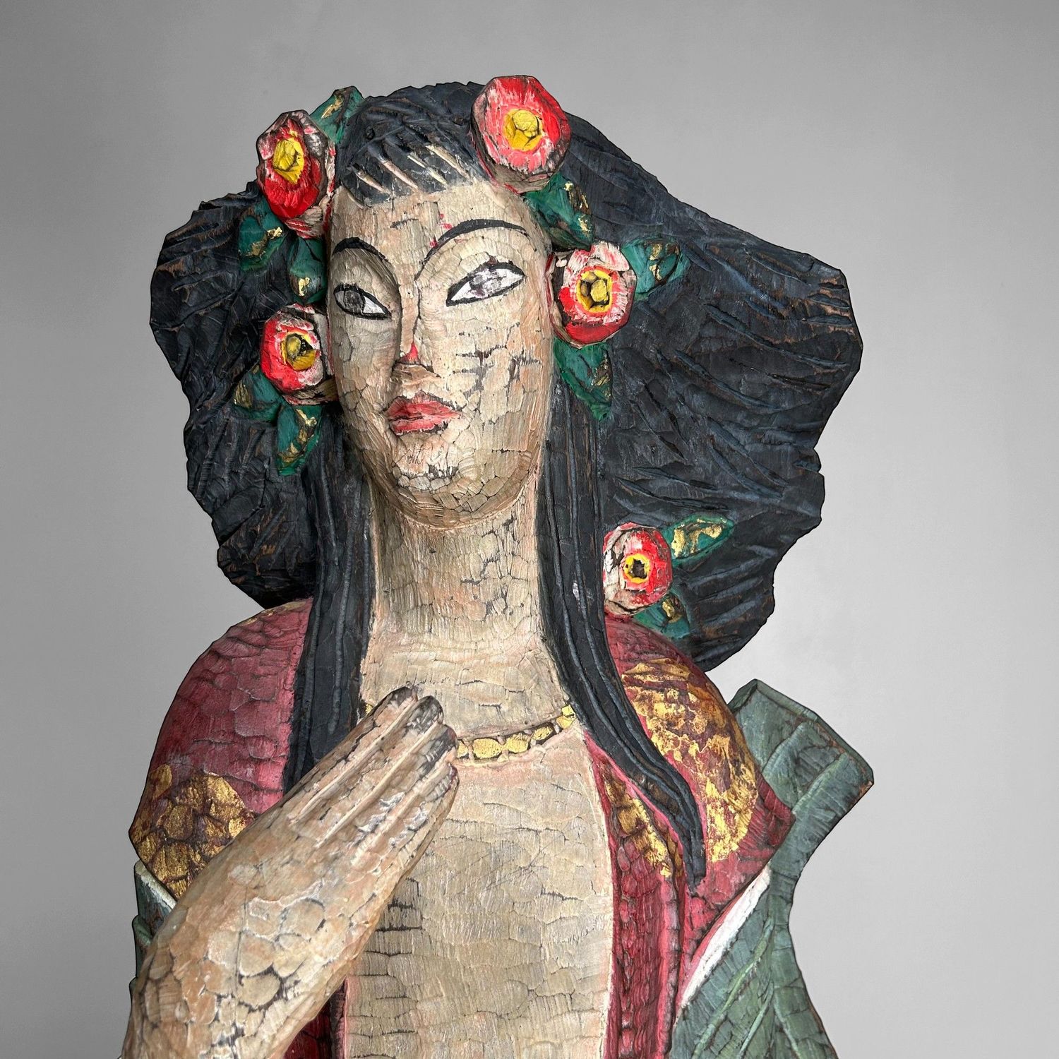 Colorful Exotic Wooden Figure, 1950s – Polychrome Serenity
