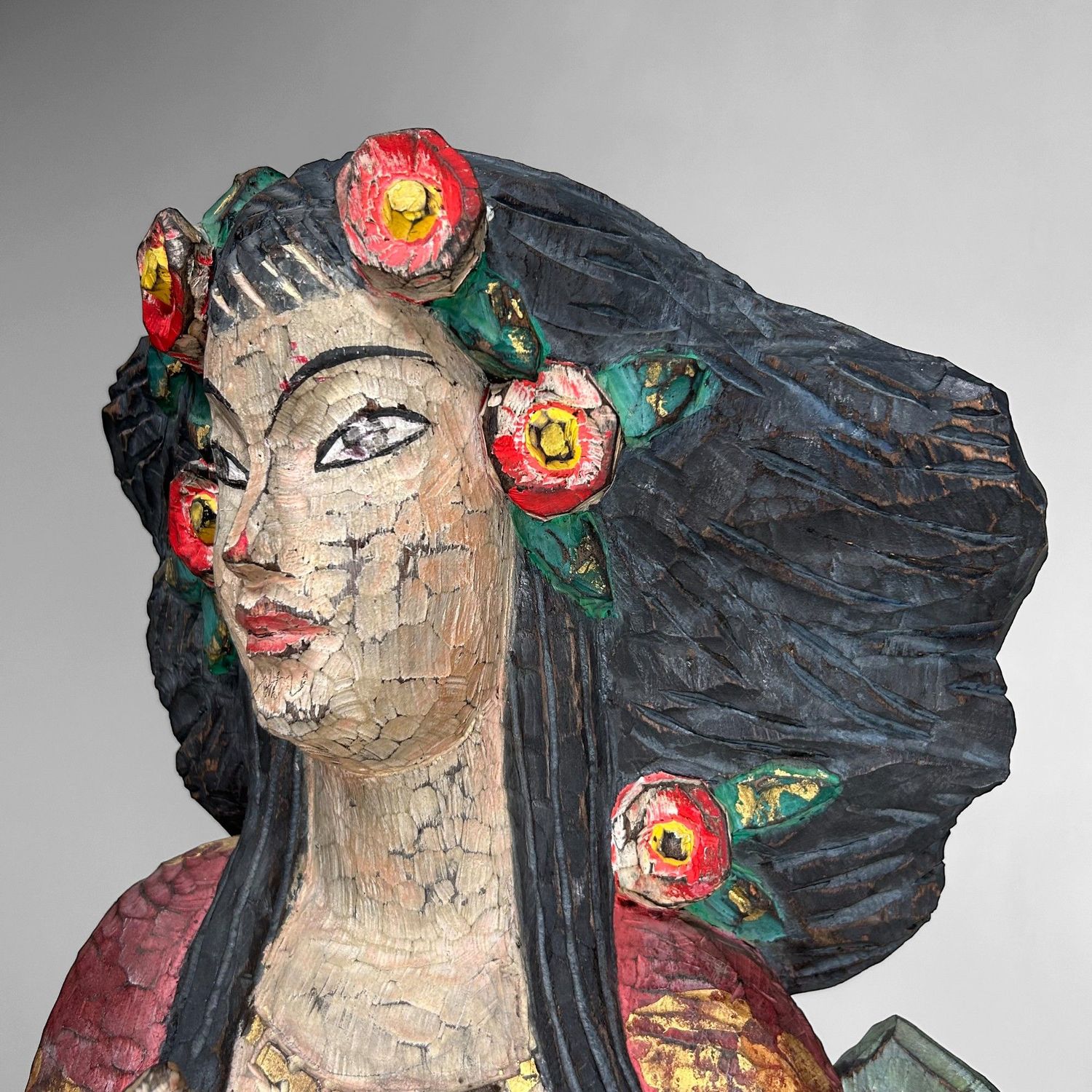 Colorful Exotic Wooden Figure, 1950s – Polychrome Serenity