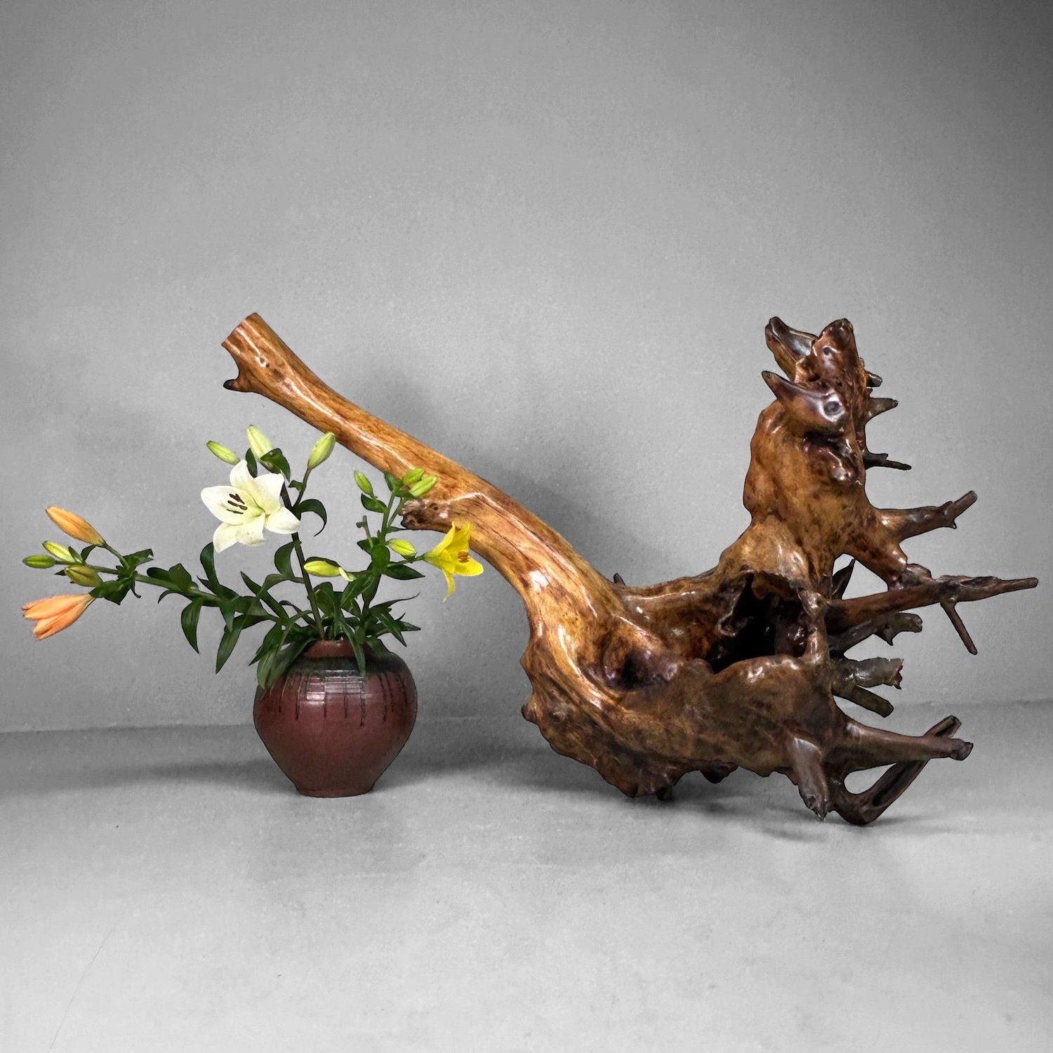 Zeldzame Japanse Wortelhoutsculptuur – Gelakt Hout, ca. jaren 1940