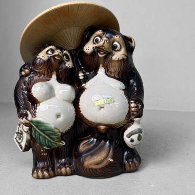 Verliefd Tanuki Koppel – Shigaraki Keramiek – Japan, Jaren 80