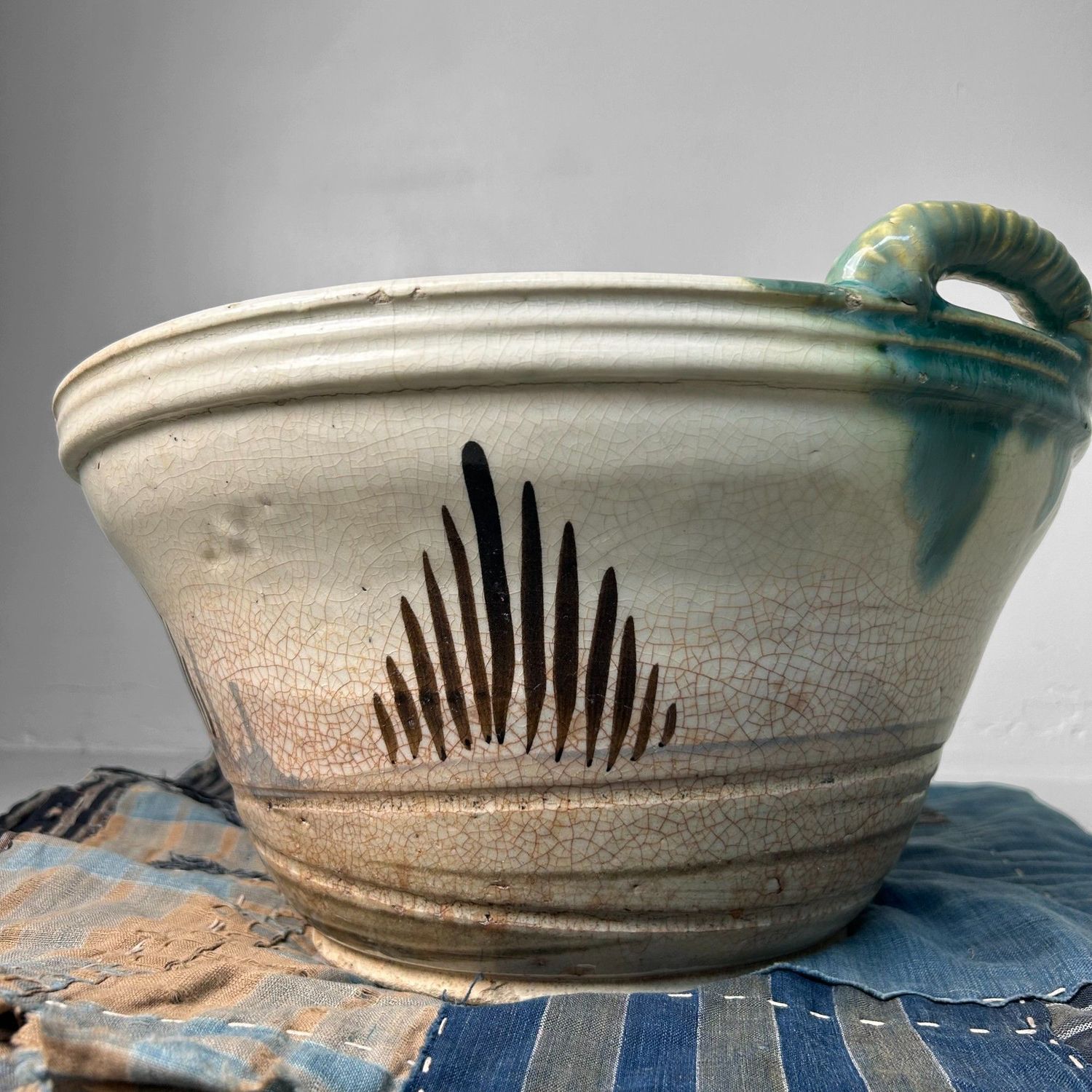 Antique Japanese Ceramic Bowl, Seto Oribe, Meiji Period