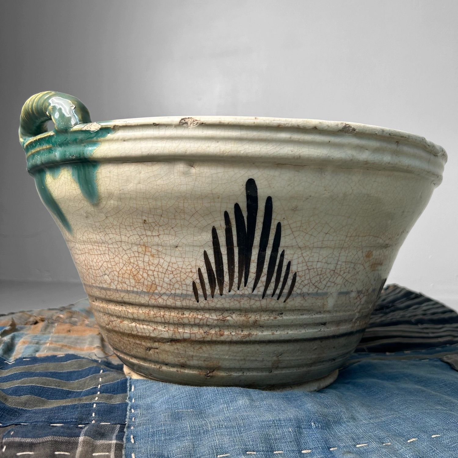 Antique Japanese Ceramic Bowl, Seto Oribe, Meiji Period