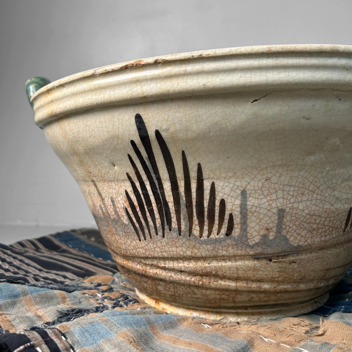 Antique Japanese Ceramic Bowl, Seto Oribe, Meiji Period