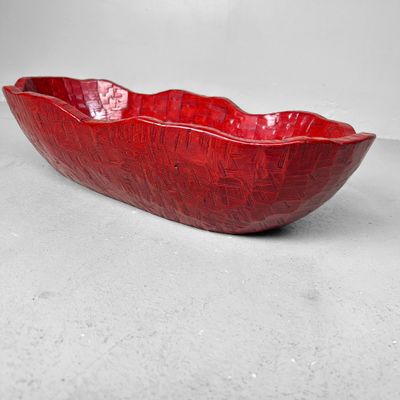 Hand-Carved Japanese Wooden Bowl, Red Lacquer, 1950