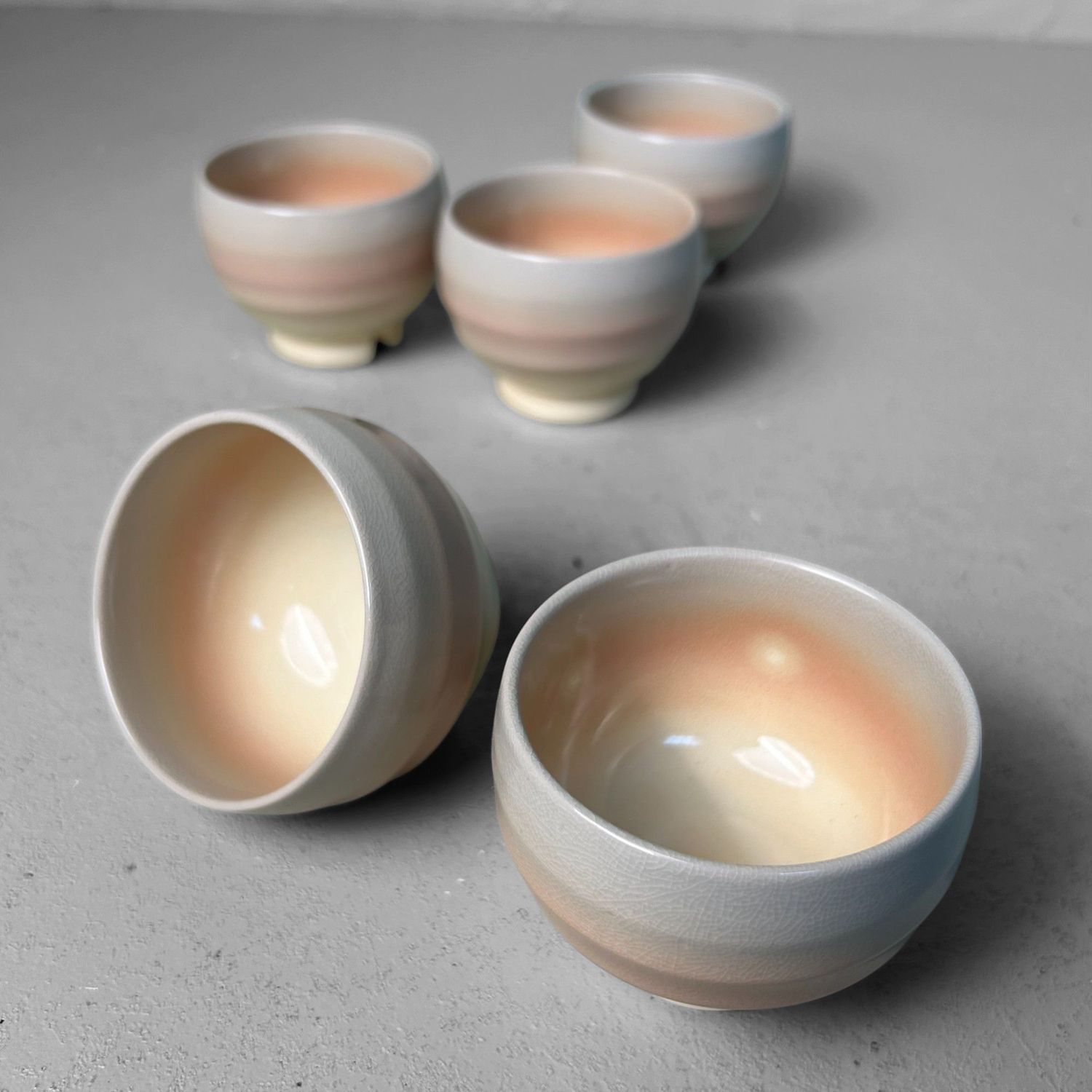 Set of 5 Japanese Hagi-yaki Yunomi Tea Cups, 1980s
