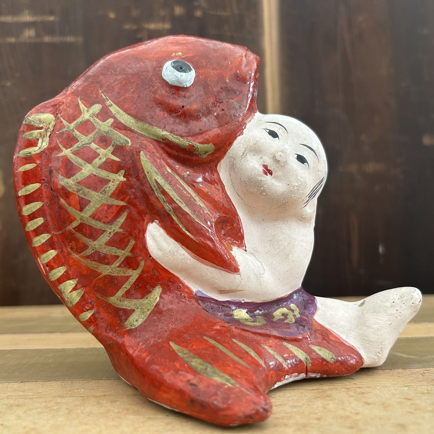 Vintage Japanse 'Kintarō met Karper' Beeldje, 1950s