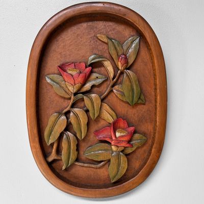 Vintage Japanese Wooden Wall Decoration – Peony Relief, 1950s