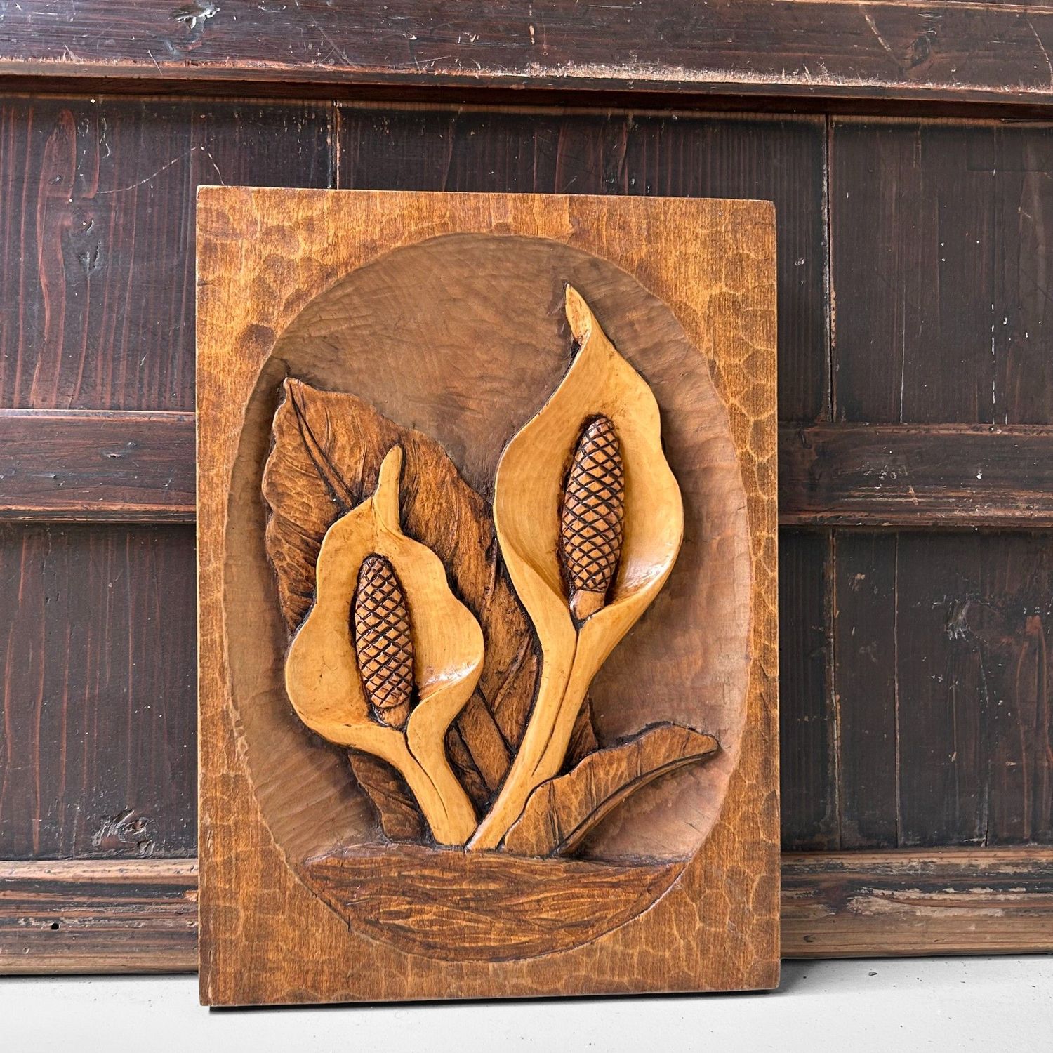 ​Vintage Japanse Wanddecoratie in Hout, Aronskelken in Reliëf, 1950s