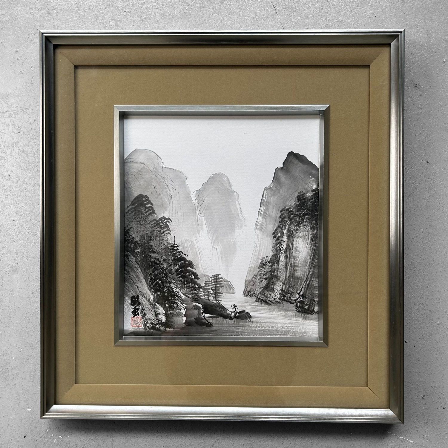 Traditionele Shikishi Schildering, Sumi-e, Japan, 1960s