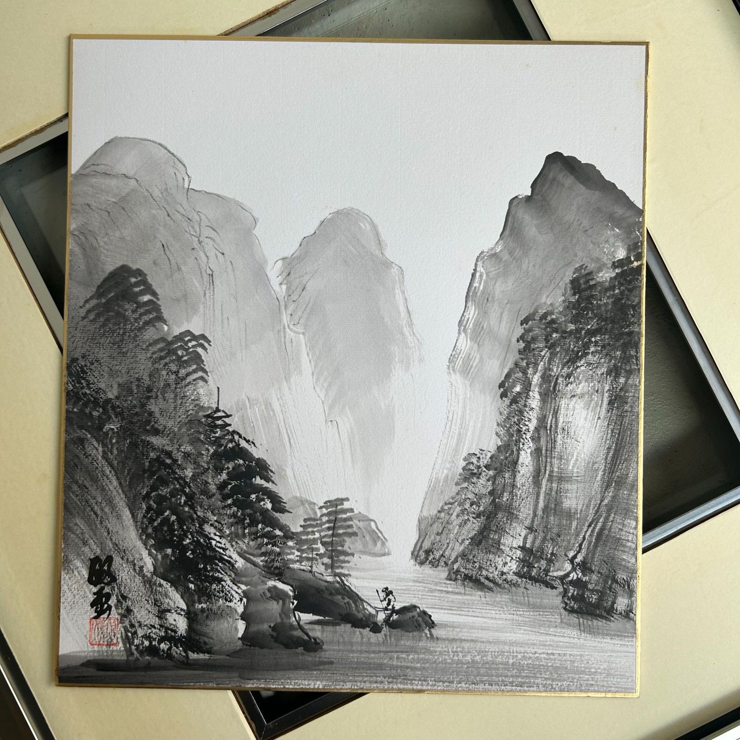 Traditionele Shikishi Schildering, Sumi-e, Japan, 1960s