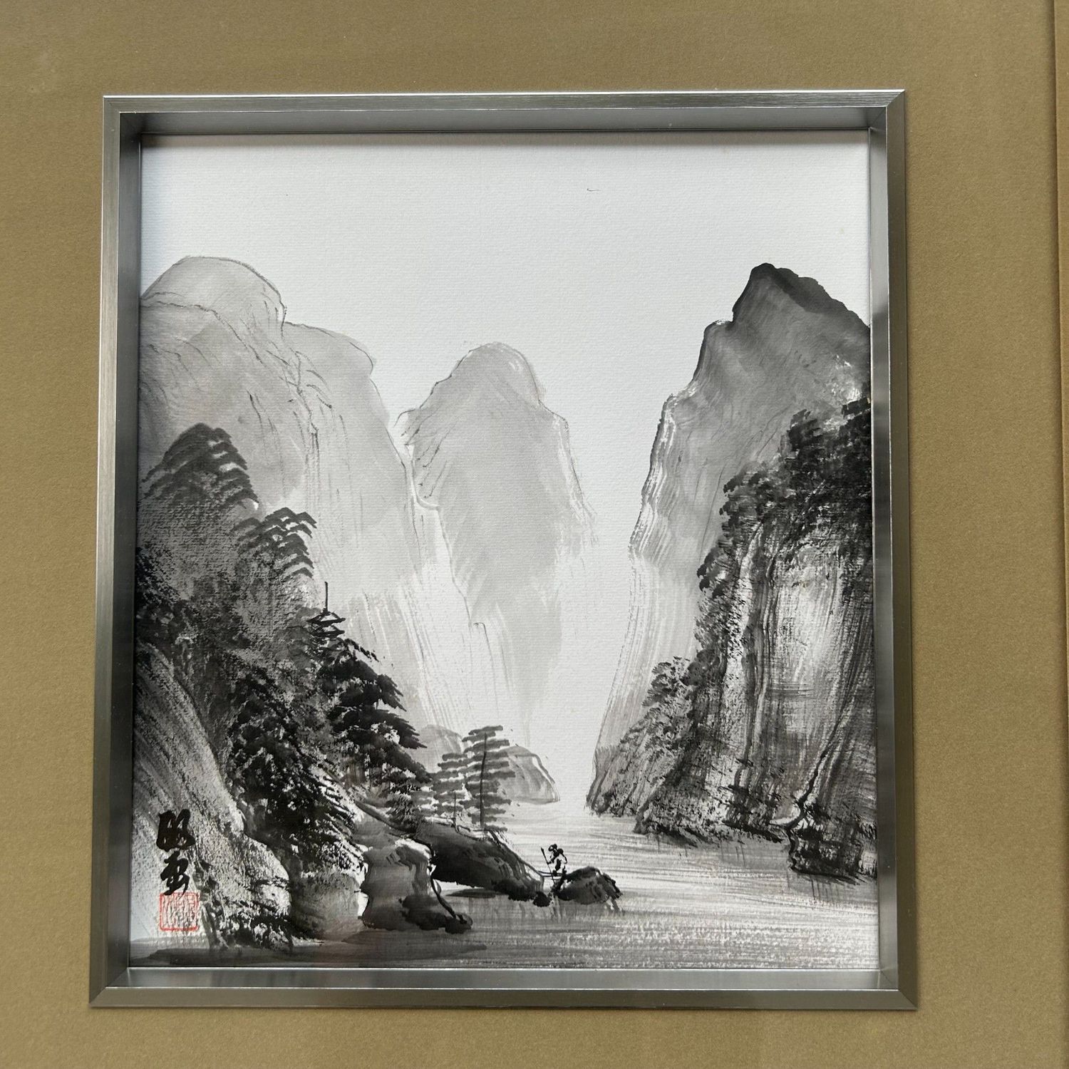 Traditionele Shikishi Schildering, Sumi-e, Japan, 1960s