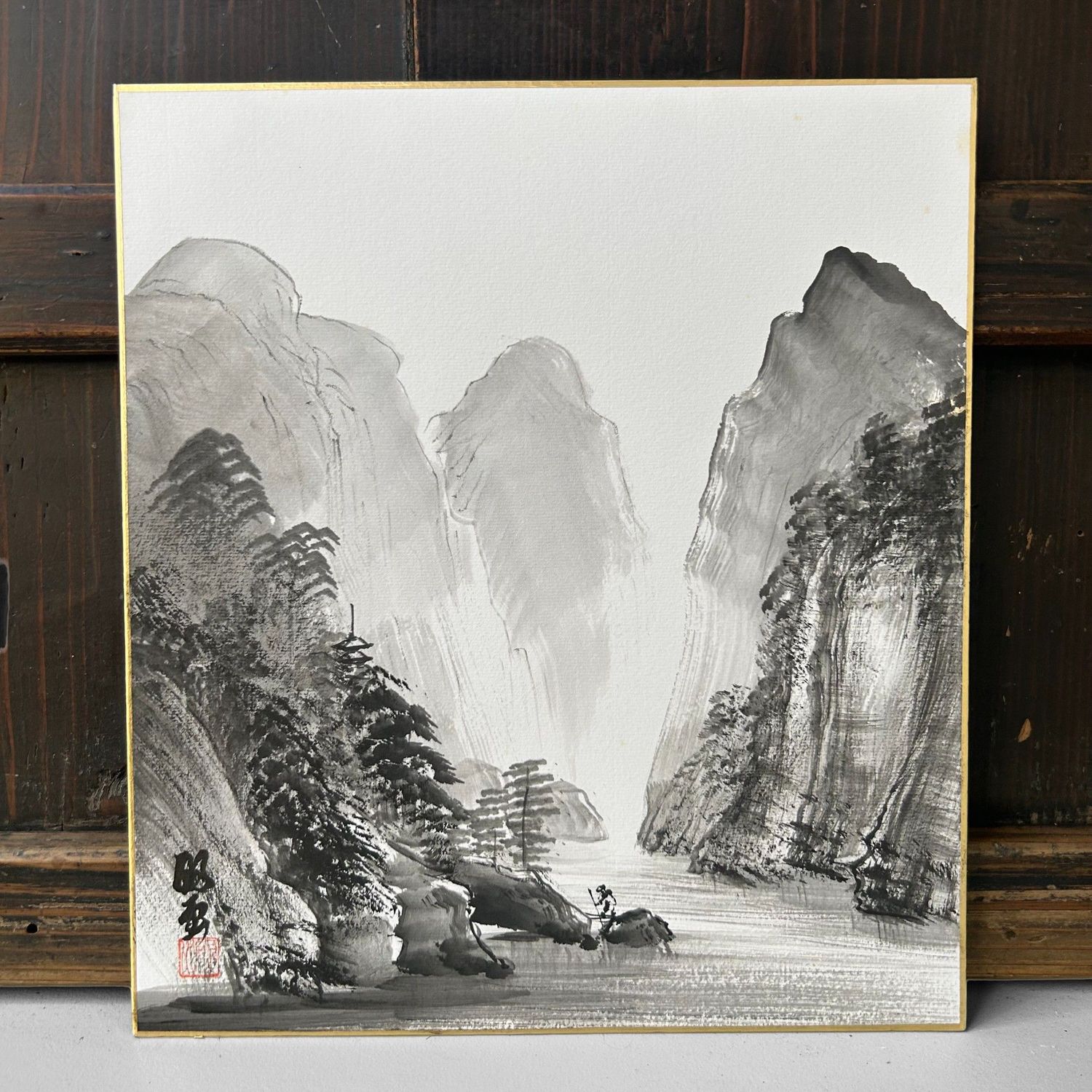 Traditionele Shikishi Schildering, Sumi-e, Japan, 1960s