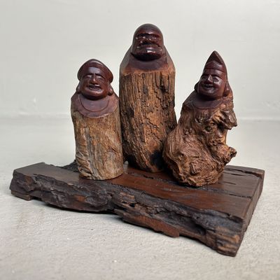 Japanese Wooden Figure Group – Ebisu, Daikokuten & Daruma, 1950