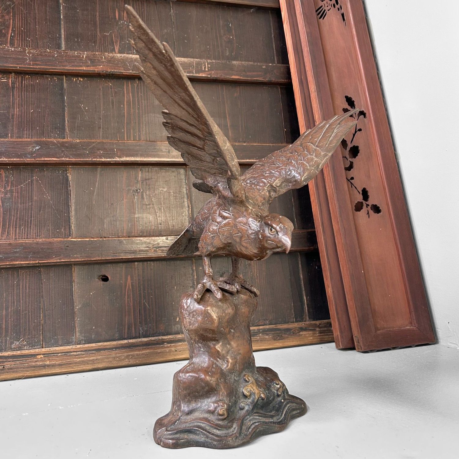 Vintage Japanese Sculpture – Eagle on Rock, 1968