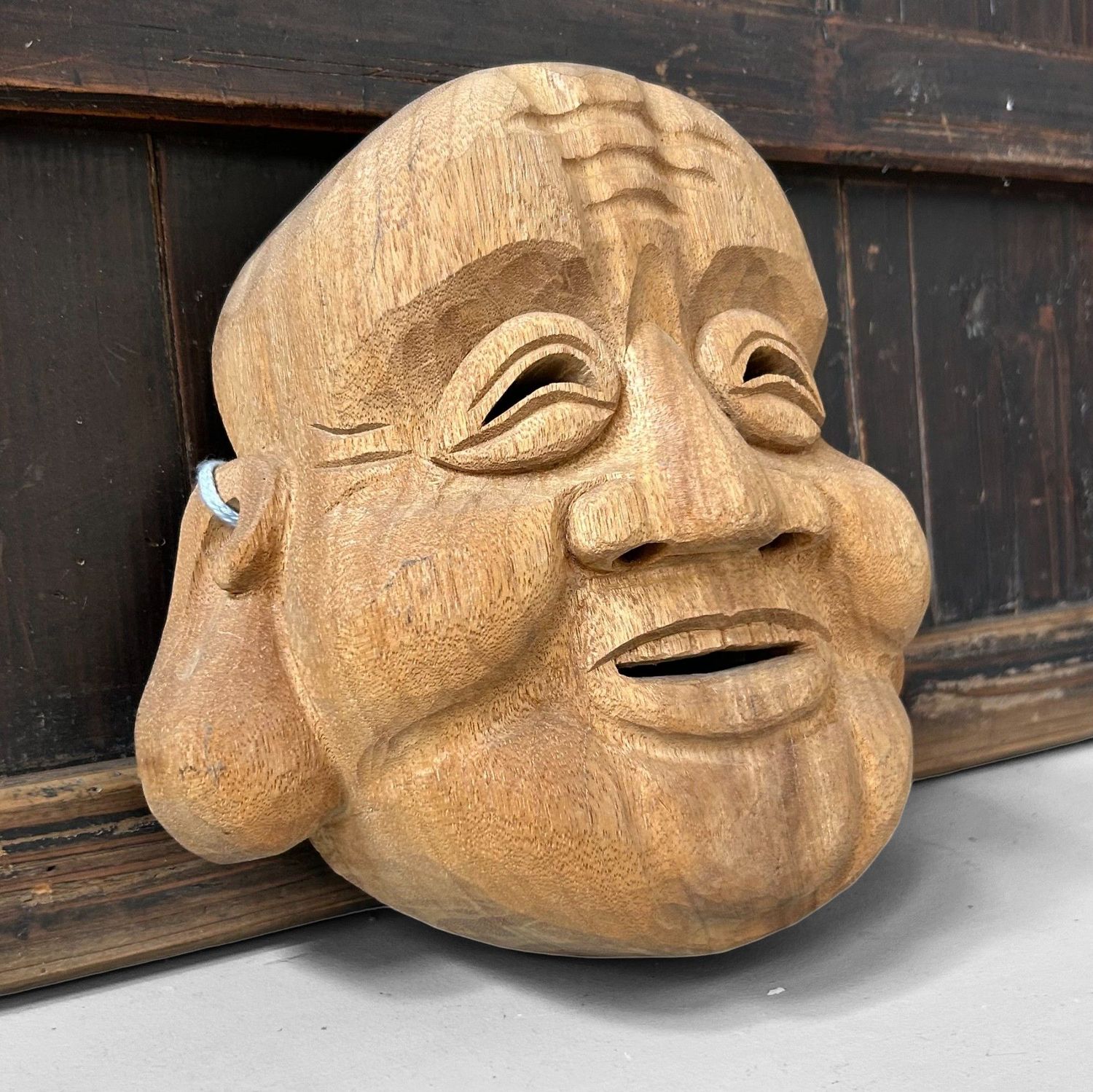 Hand-Carved Japanese Hotei Mask – Joyful God of Happiness, 1980s