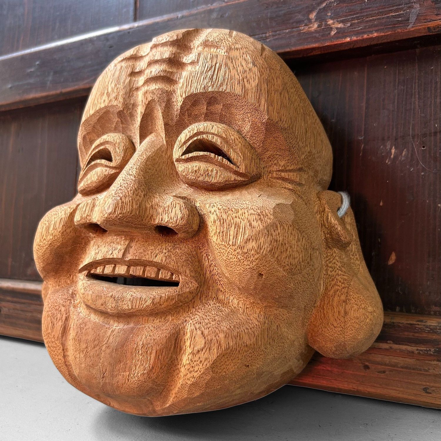 Hand-Carved Japanese Hotei Mask – Joyful God of Happiness, 1980s